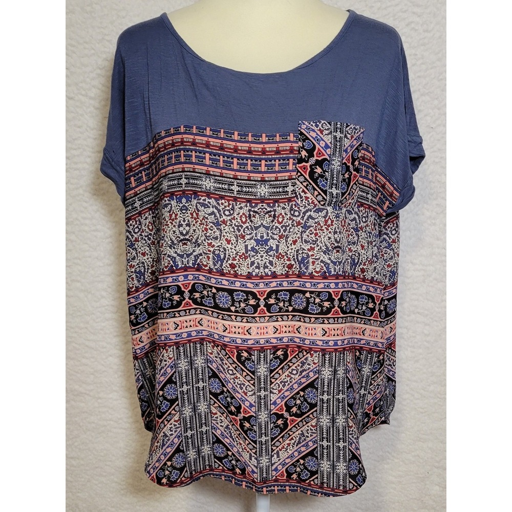 Knox Rose‎ Womens Top Floral Size L Boho Geometric Short Sleeve Blue 1247